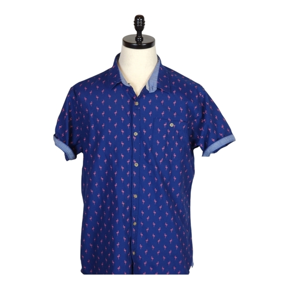 Free Planet Flamingo Print Shirt Navy Pink XL Short Sleeve Button Down - Picture 5 of 8